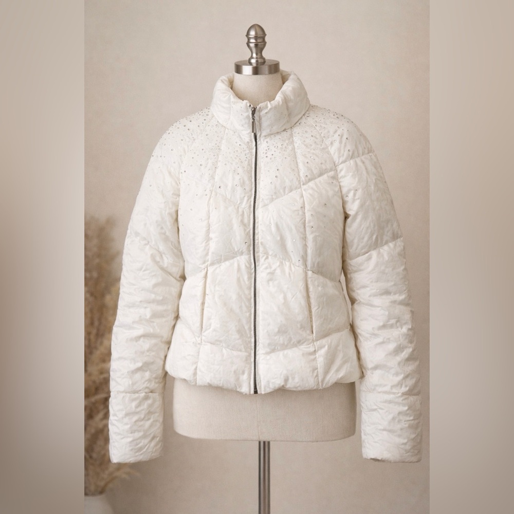 Women's add White Puffer Jacket with Rhinestones, Size 12 Down